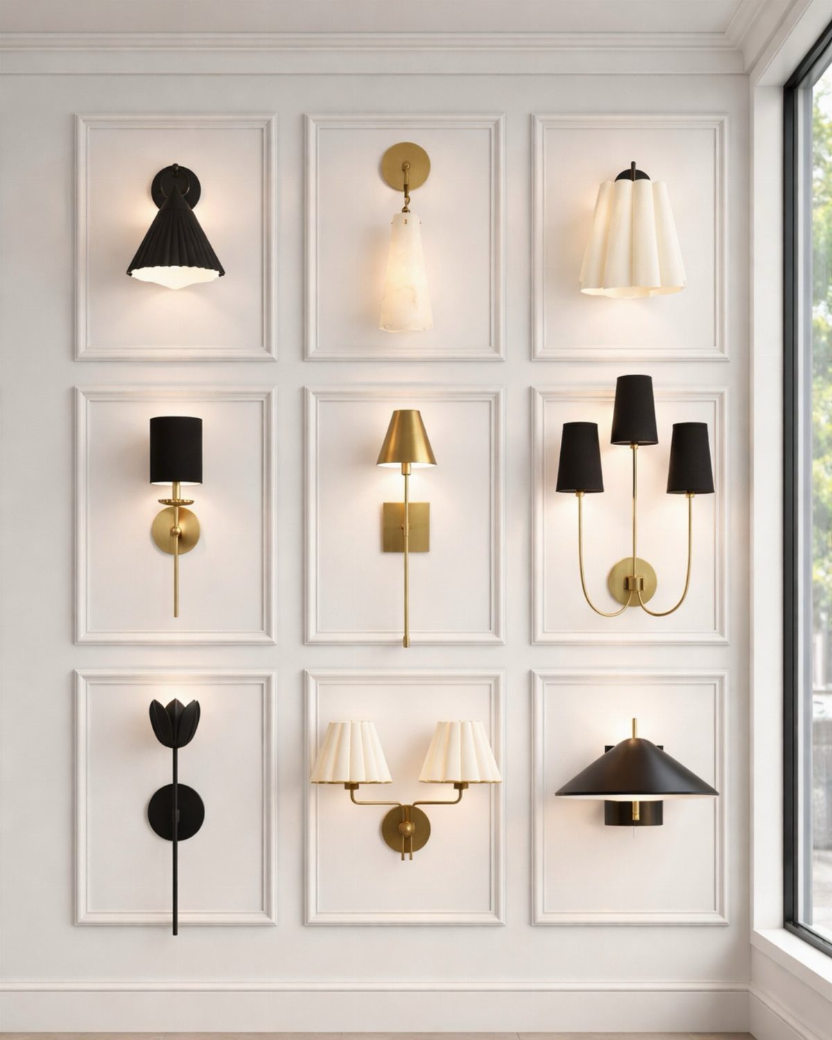Various modern and classic wall sconces mounted on a white decorative paneled wall.