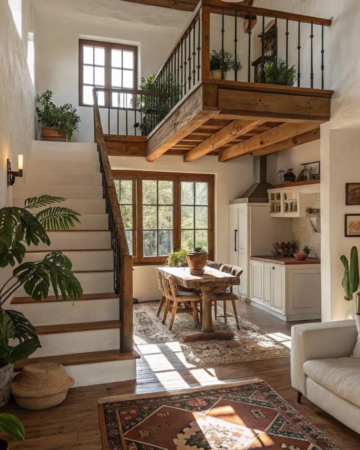 Rustic interior featuring wooden mezzanine beams, a staircase, and a dining area with sunlight streaming in.