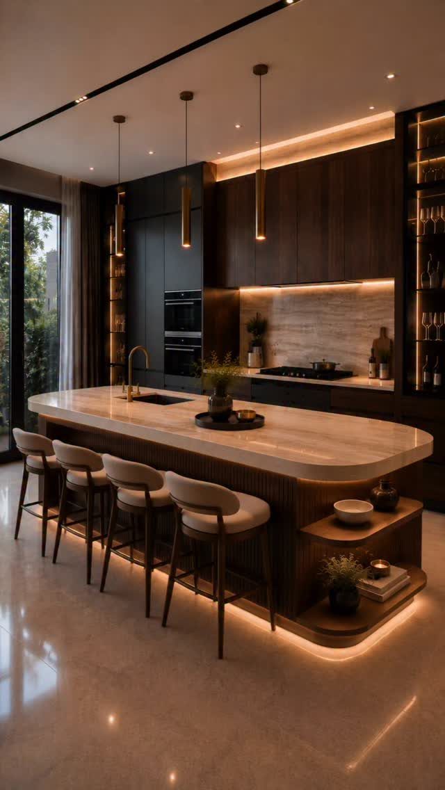 Large marble kitchen island with dark wood base and integrated warm lighting.