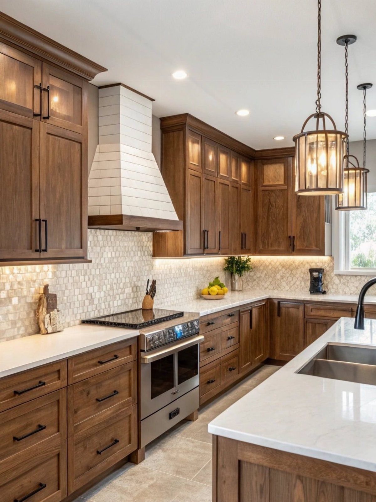 Warm wood kitchen cabinets with black handles and white quartz countertops in a bright kitchen.