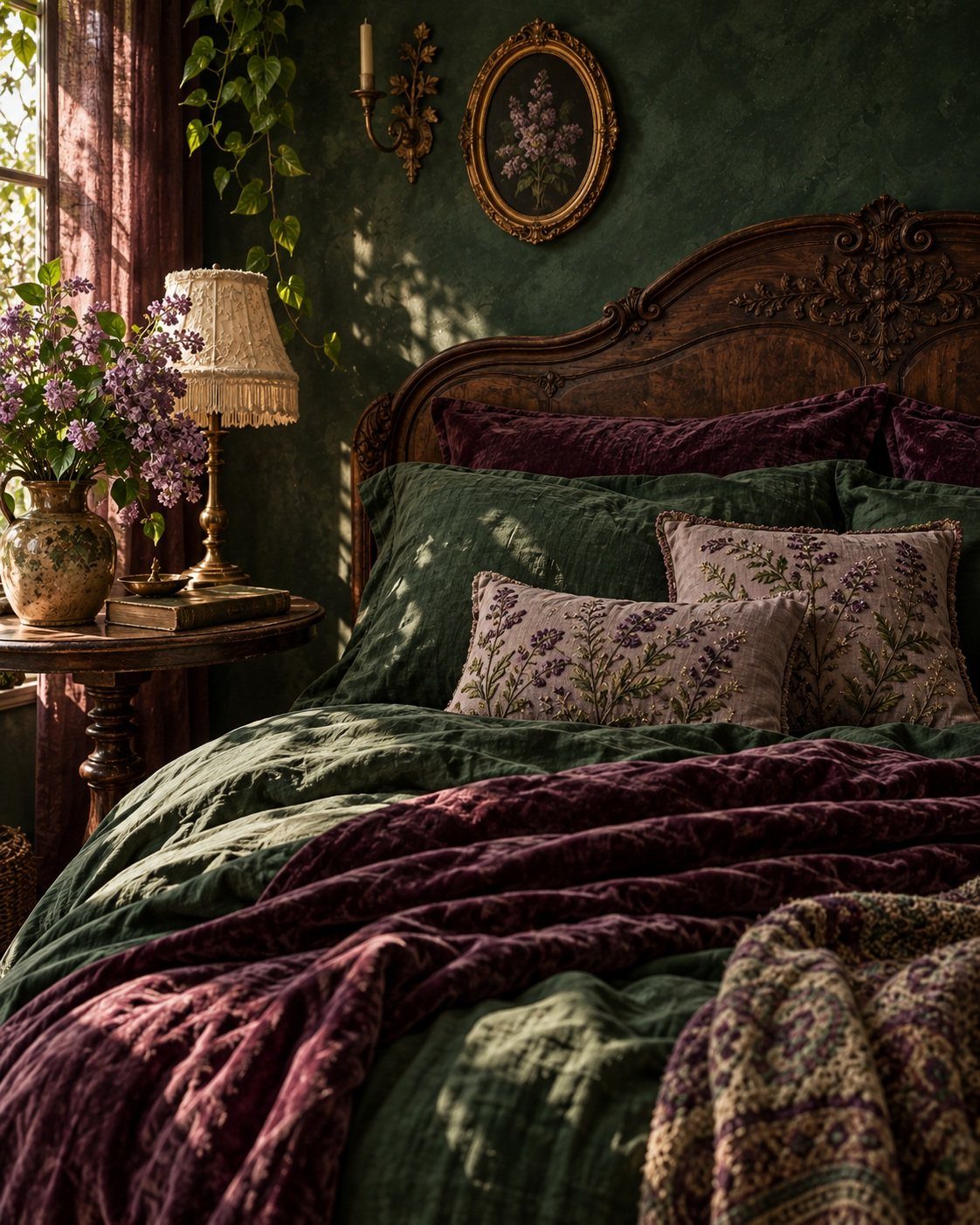 Ornate wooden bed with dark green and plum bedding against a sage green wall with lilacs.