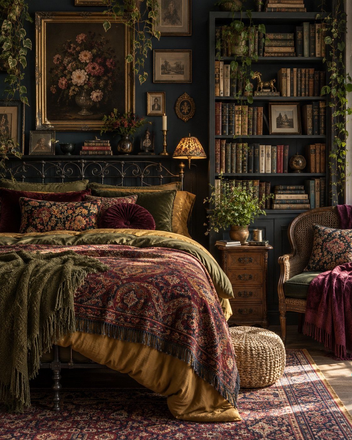A cozy bedroom with patterned sage green and burgundy bedding, dark bookshelves, and botanical wall art.