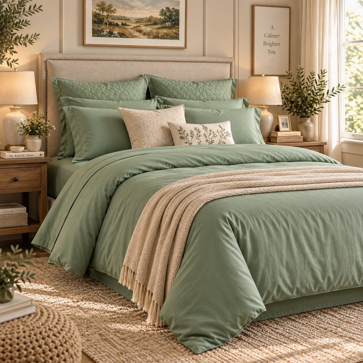 Sage green bedding with cream textured pillows and a throw on a large bed.