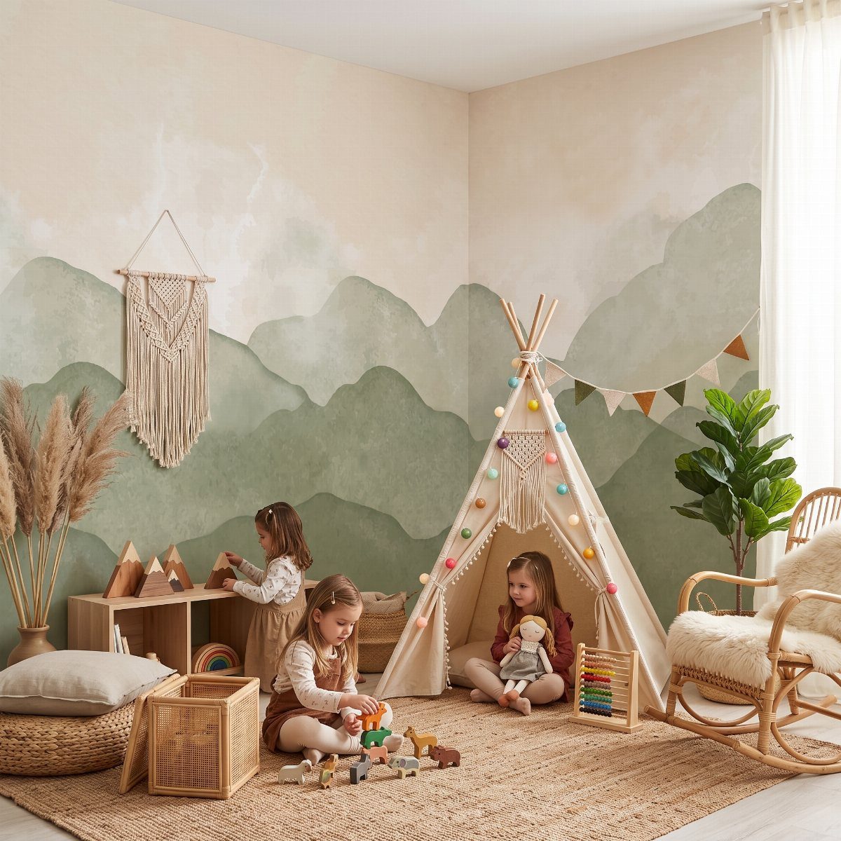 Children playing in a sage green nursery featuring a mountain mural, teepee, and natural wicker textures.