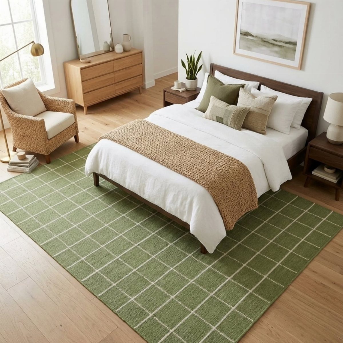 A sage green grid pattern rug anchors a bedroom with white bedding and light wood floors.