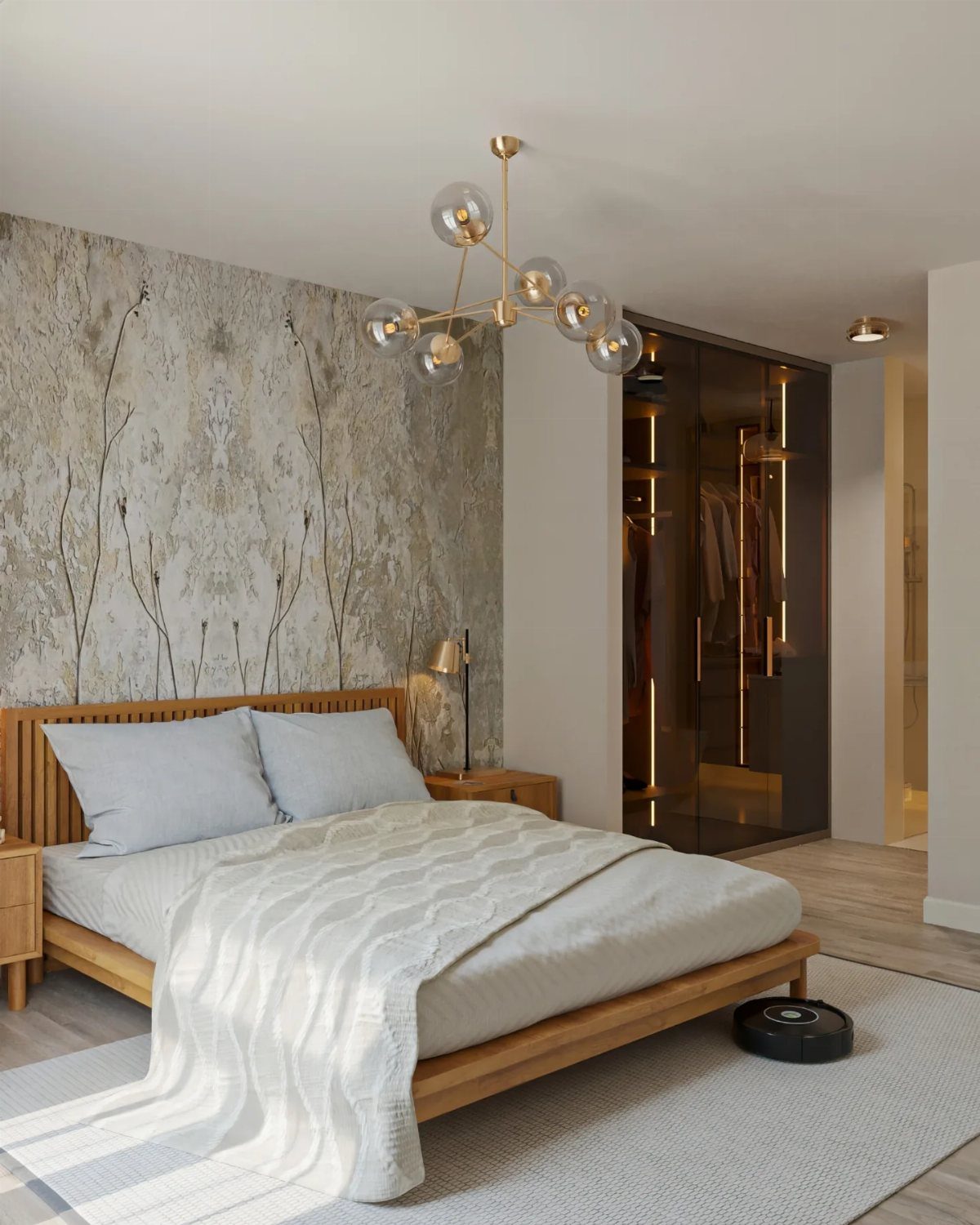 A minimalist wooden platform bed with white bedding sits against botanical wallpaper in a bright room.