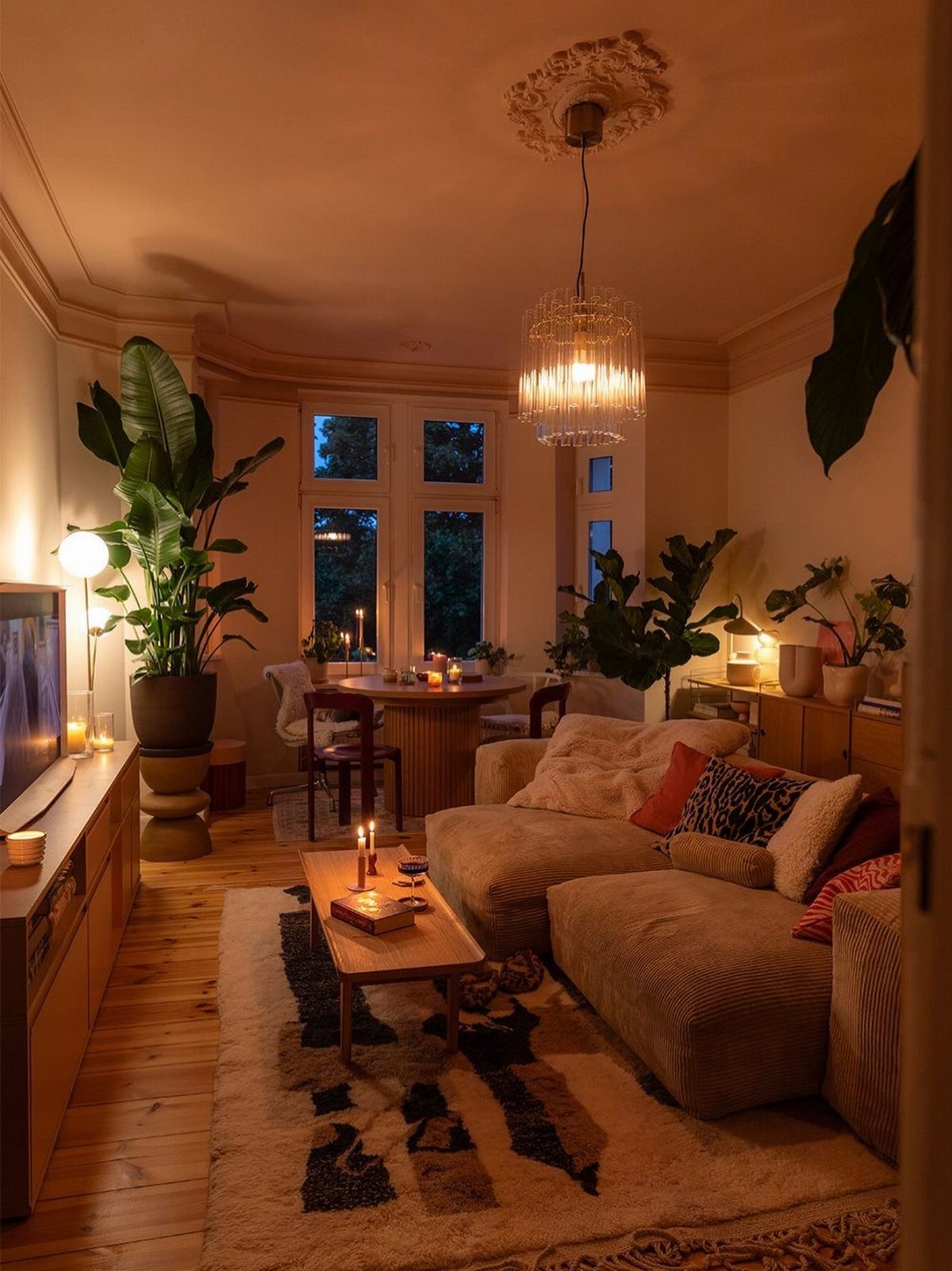 Large green indoor plants in various pots surrounding a cozy living room with warm ambient lighting.