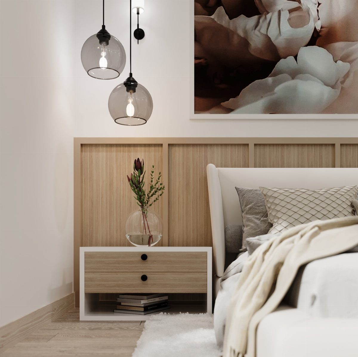 A minimalist bedroom with a white bed, wooden nightstand, and hanging glass pendant lights.
