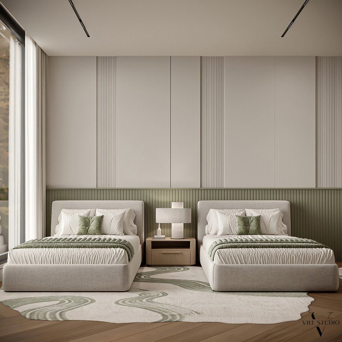 Two twin beds with neutral bedding and green pillows in a modern minimalist bedroom.