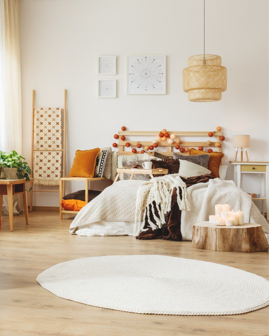 A cozy bedroom with a textured bed, woven light fixture, and a round white rug on wood floors.