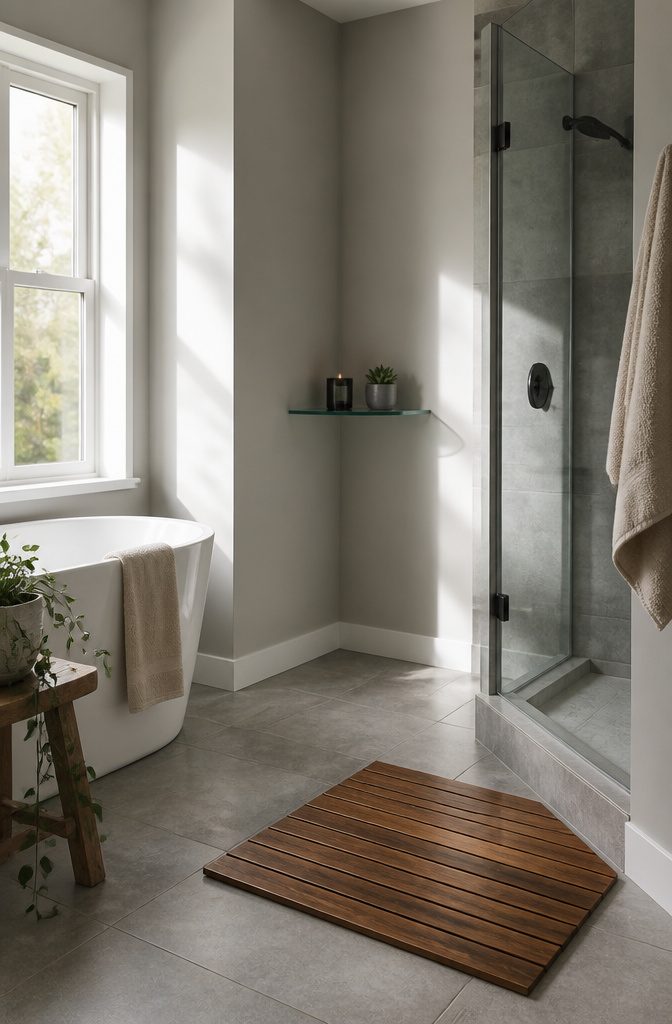 Matte black corner shelf in a small bathroom, holding toiletries.
