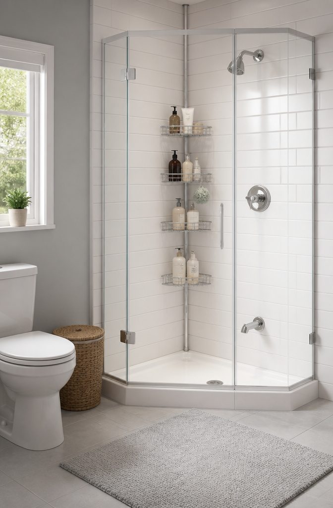 Corner shower caddy with multiple baskets clamped onto a shower wall.