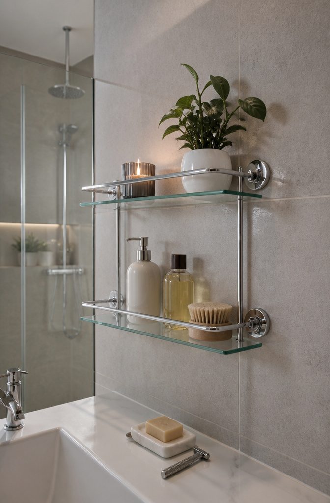 Double glass shelf in a bathroom, displaying toiletries and a plant.