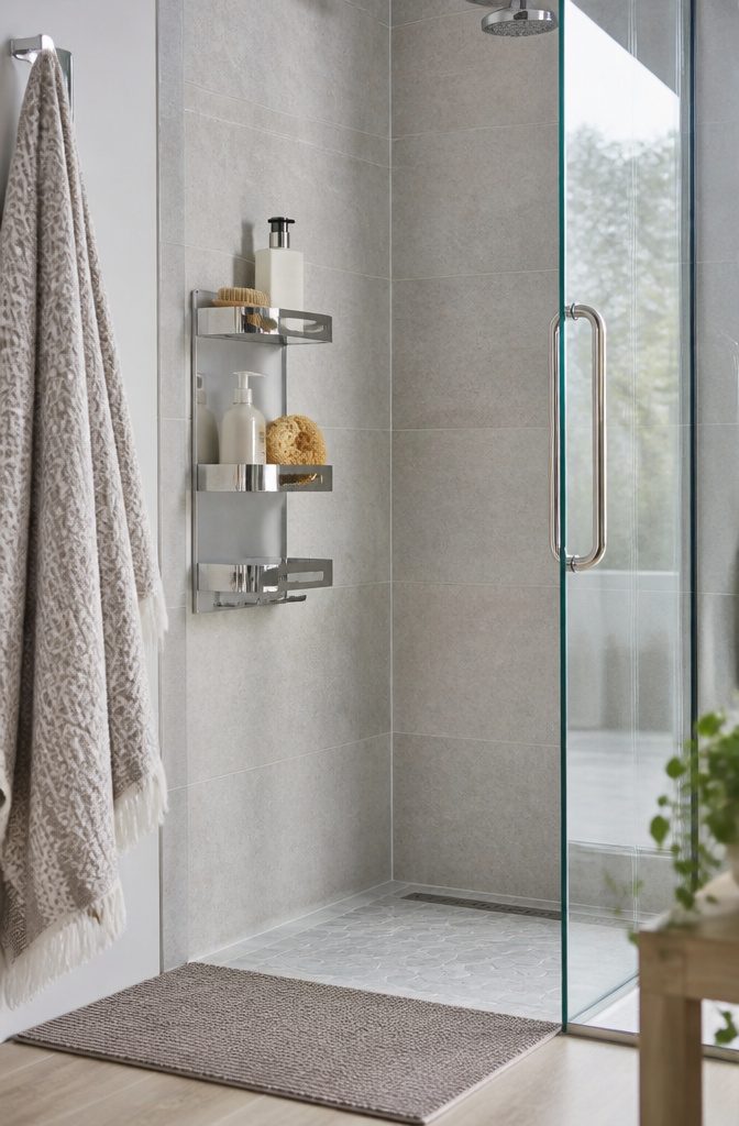 Flat wall shower caddy mounted on gray tiles, holding body wash and a loofah.