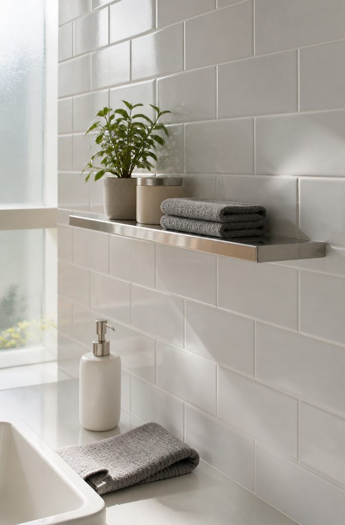 Chrome floating shelf mounted on a bathroom wall with a soap dispenser.