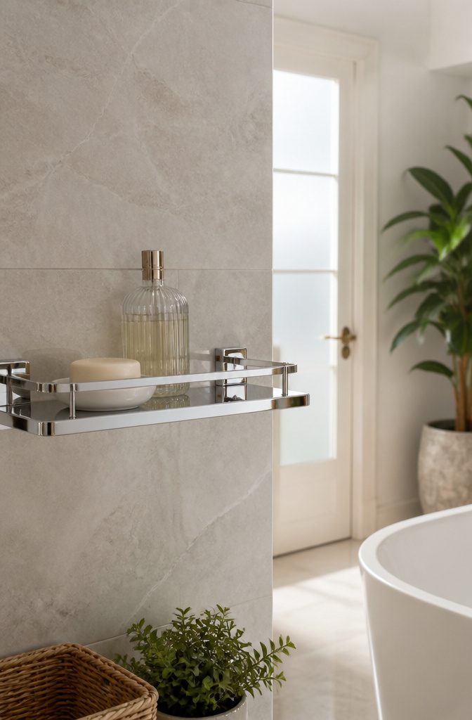 Chrome shelf with a rail displaying toiletries and a potted plant.