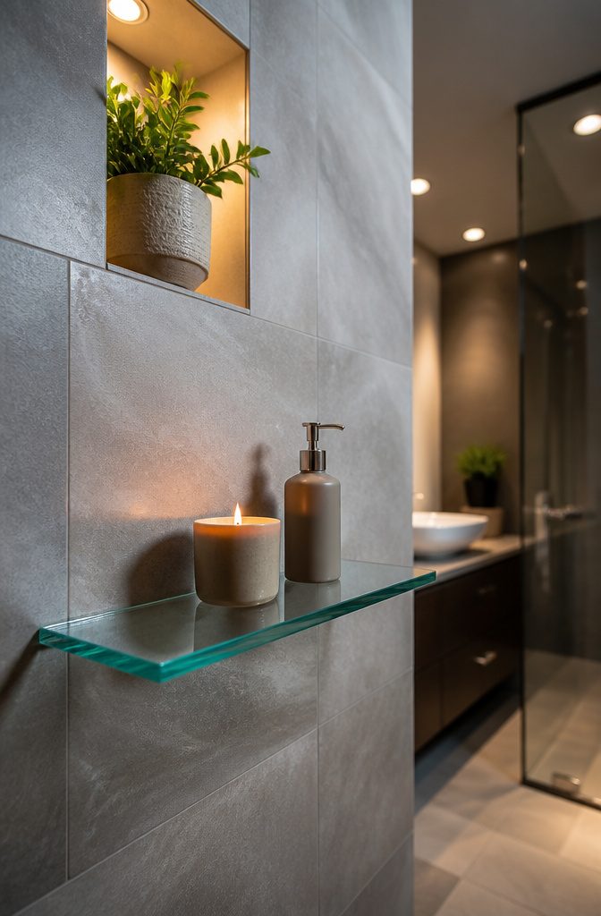Luxury bathroom shelf featuring sleek design against matte gray tiles.