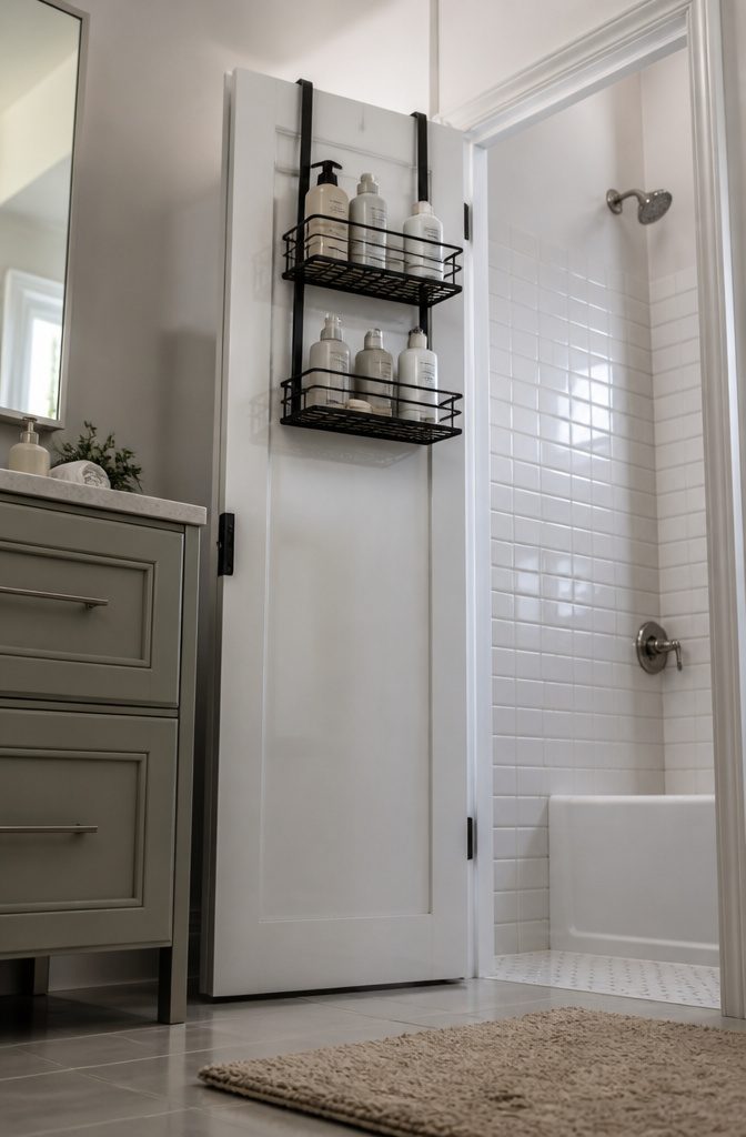 Double basket over-the-door shower caddy hanging on a shower door.