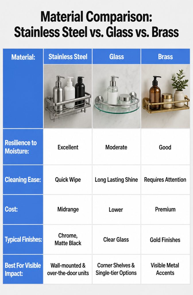 Information image comparing stainless steel, glass, and brass materials.