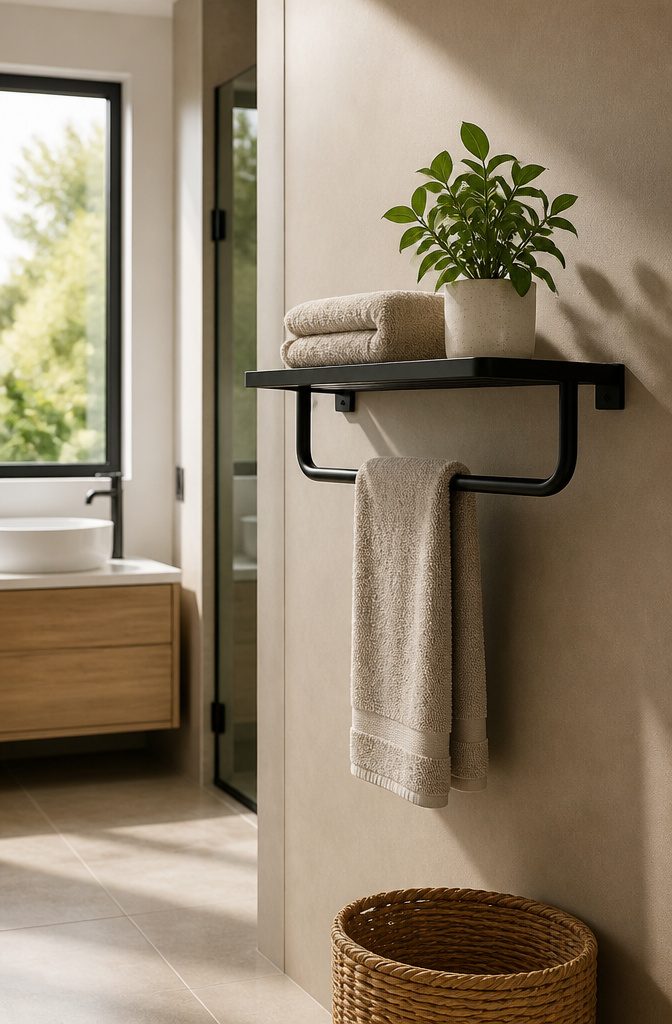 Matte black towel rack with a shelf, holding a towel and a plant.