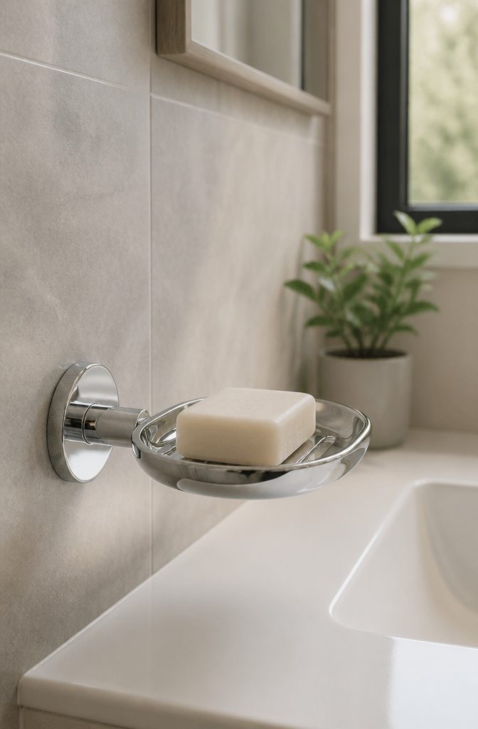 Wall-mounted soap dish holding a bar of soap beside a sink.