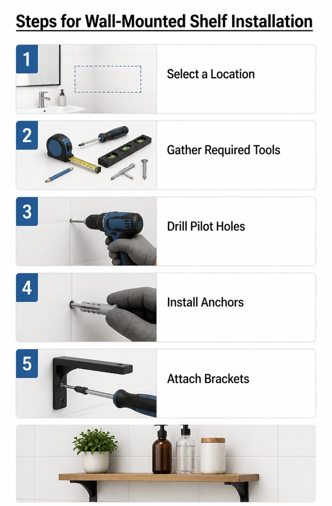 Diagram showing steps for installing wall-mounted bathroom shelves.