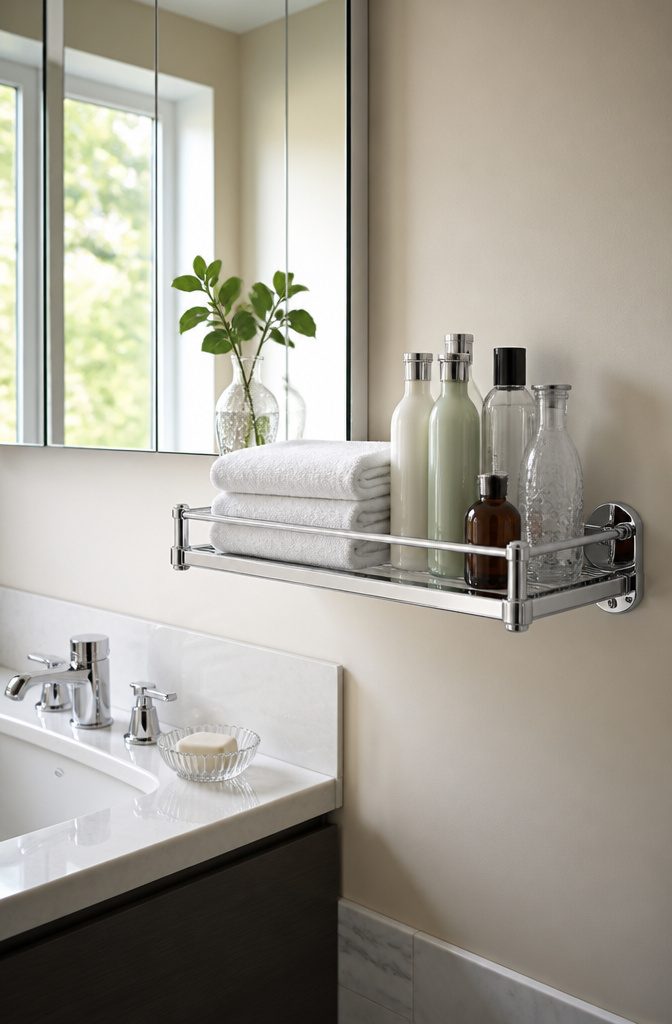 24-inch polished chrome shelf holding towels and shampoo in a bright bathroom.