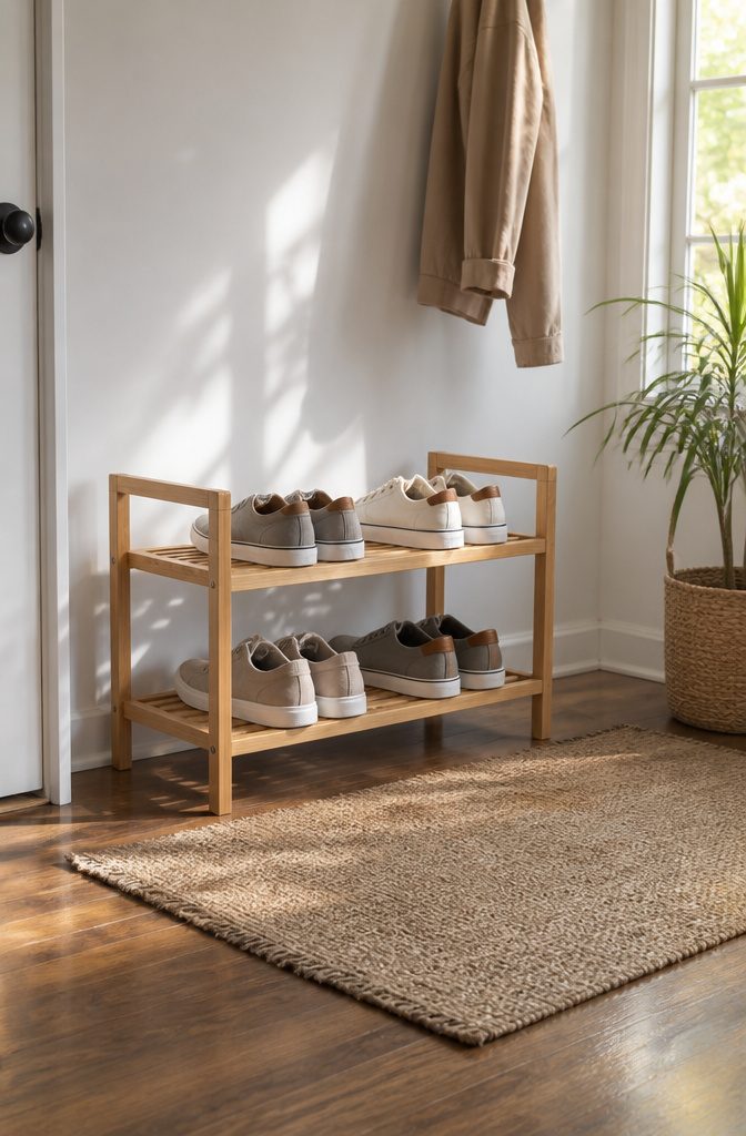 Oceanstar 2-Tier Bamboo Shoe Rack with sneakers arranged on shelves.