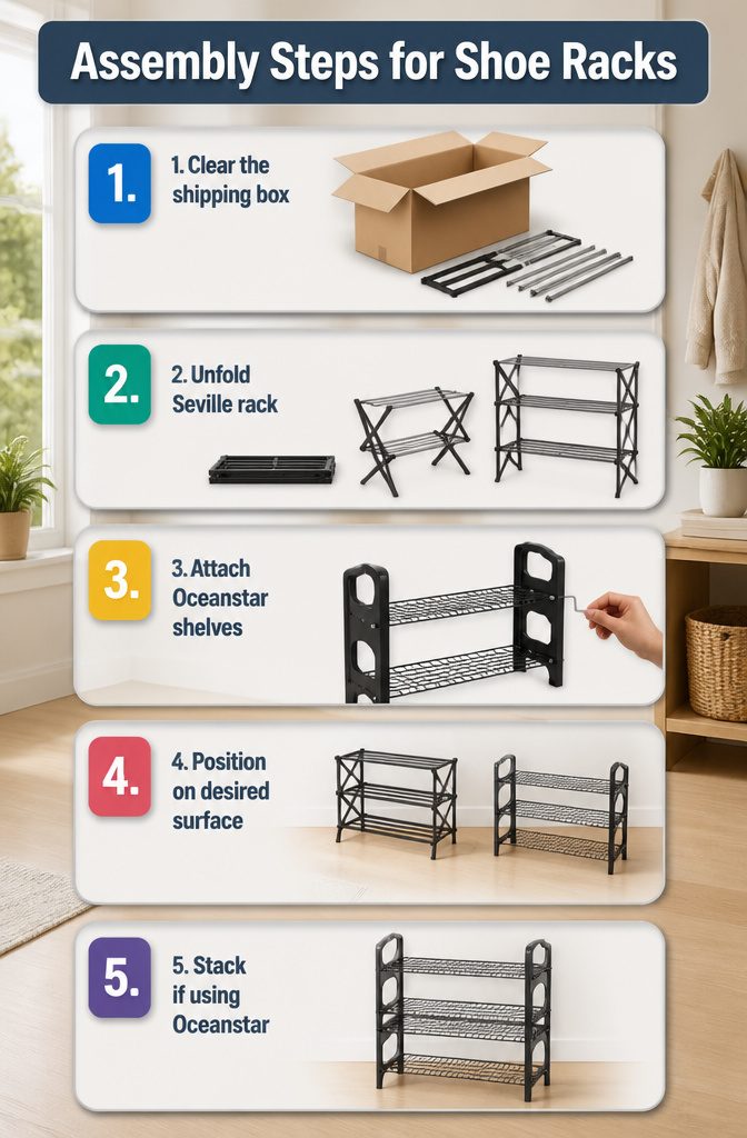 Assembly instructions for different styles of shoe racks.