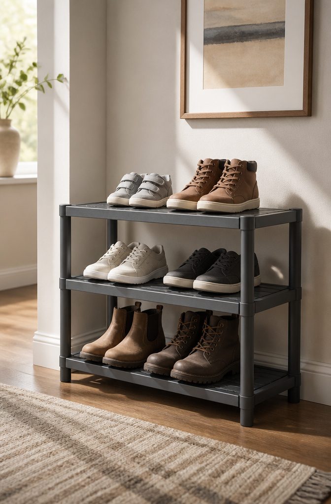 Seville Classics 3-Tier Resin Slatted Shoe Rack with shoes on shelves.