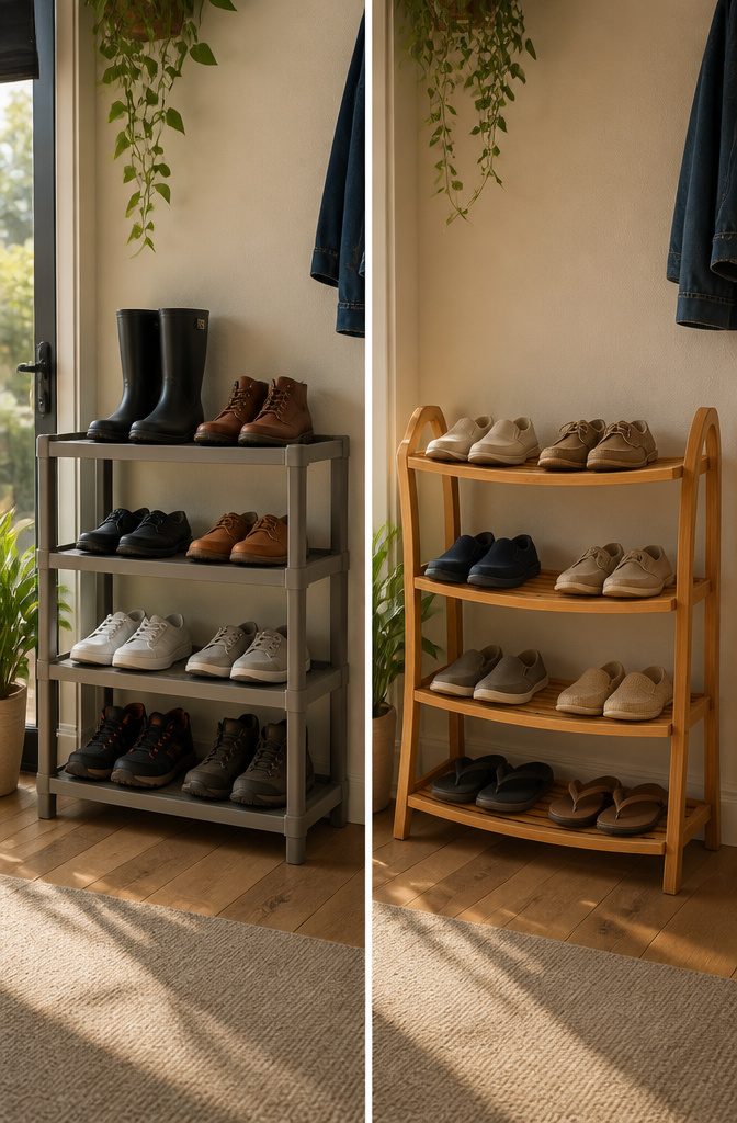 Comparison of resin and bamboo shoe racks under weight.