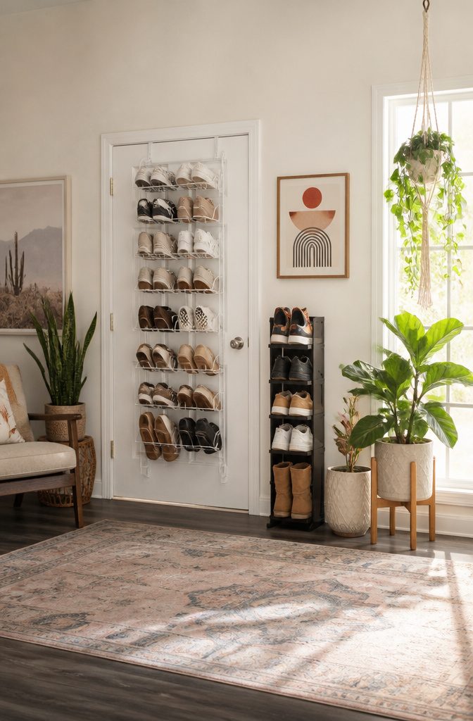 Whitmor Over-the-Door Shoe Rack positioned on a door.