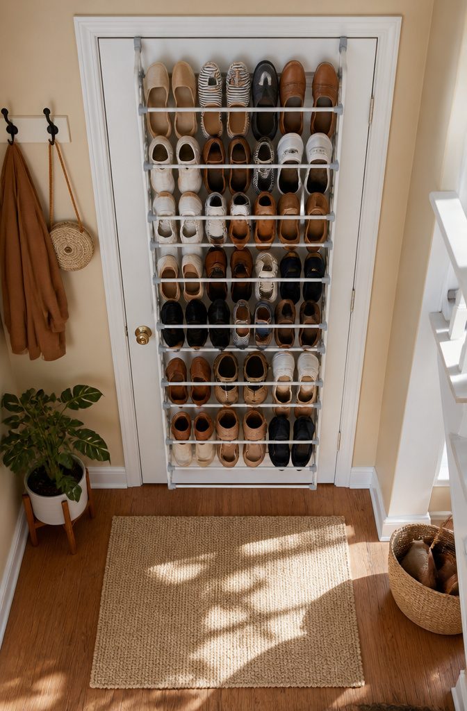 Whitmor 36-Pair Over-the-Door Shoe Rack hanging on a door.