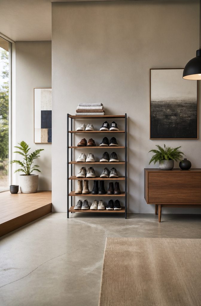 Yamazaki Home 6-Tier Shoe Rack with shoes displayed on wooden shelves.