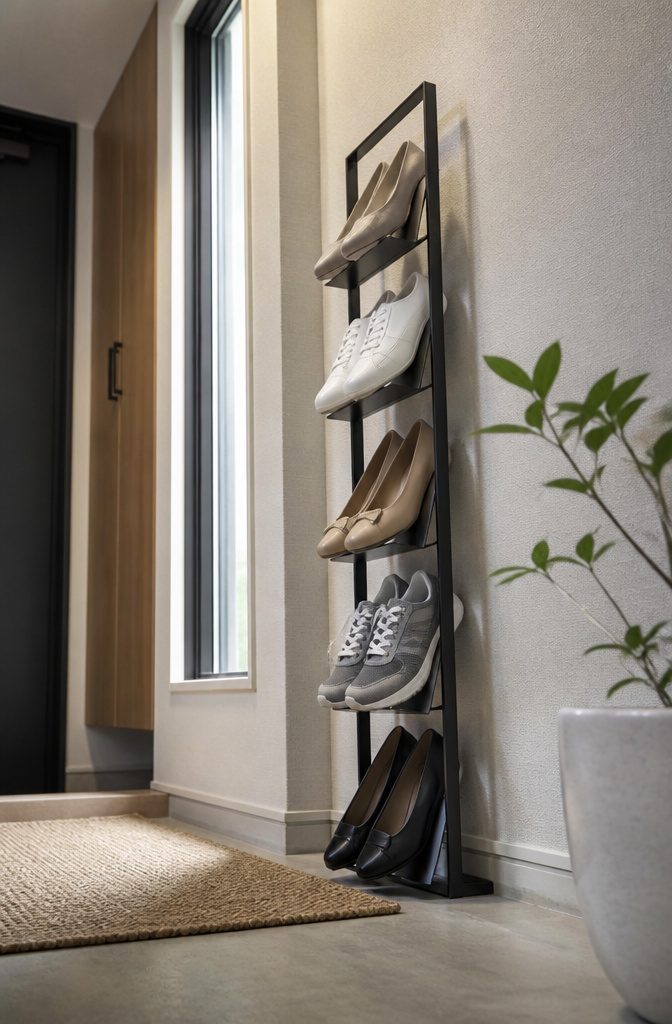 Yamazaki Home Tower Shoe Rack–Tall with shoes stored vertically.