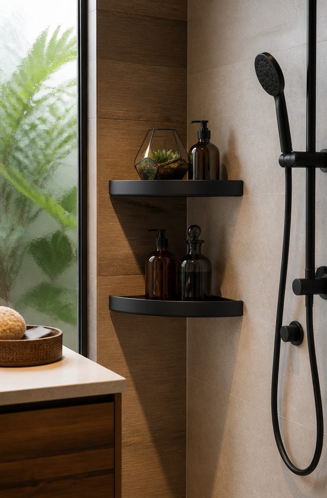 A matte black corner shelf displaying decorative items in a stylish bathroom.