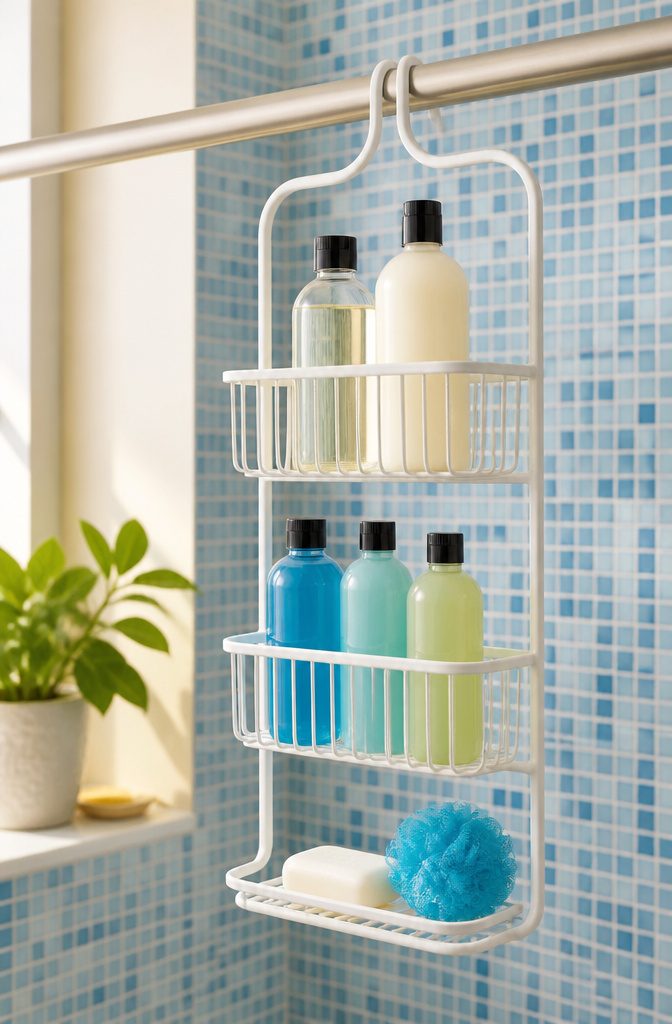 A caddy shelf with multiple tiers hanging over a shower rod.