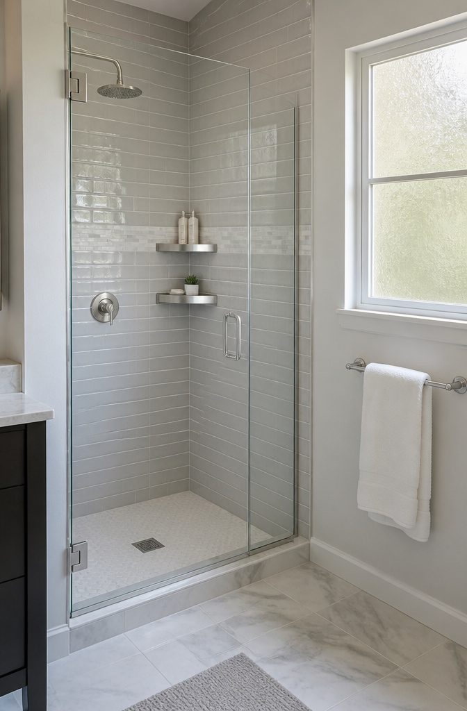 A corner shelf installed in a shower, utilizing the corner space efficiently.