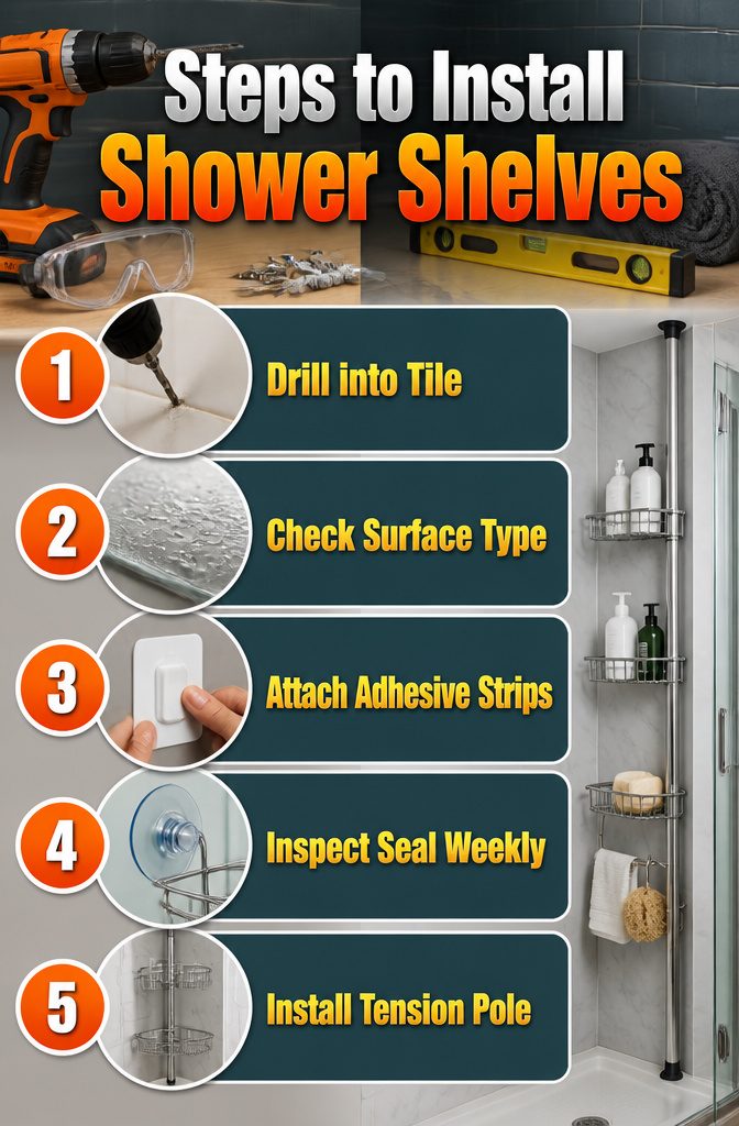 Steps illustrated for installing different types of shower shelves.