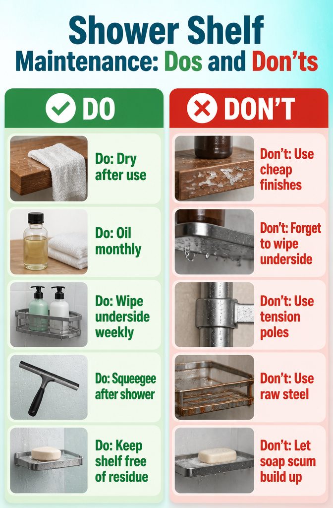 A maintenance guide image outlining care tips for shower shelves.