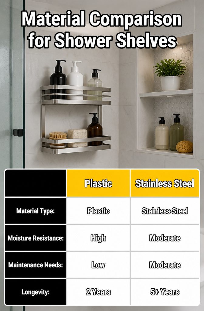 A comparison image showing different materials suitable for shower shelves.