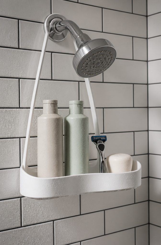 An over-the-showerhead shelf hanging directly from the shower pipe.