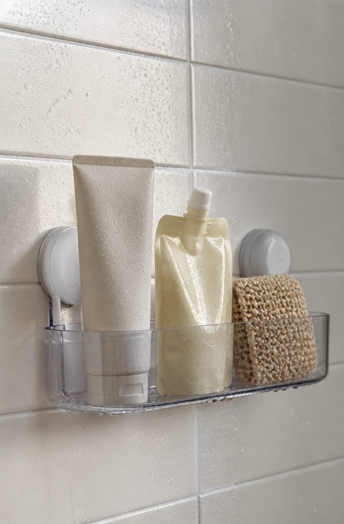 A clear acrylic suction cup shelf attached to glossy white shower tile.
