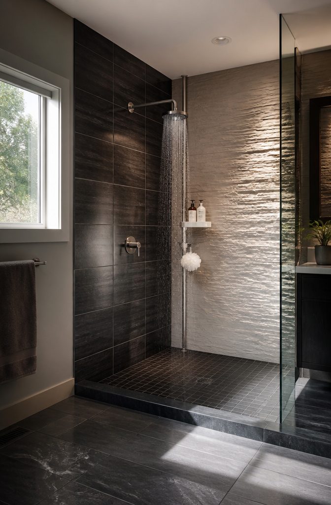 A tension pole shelf extending from floor to ceiling in a shower stall.