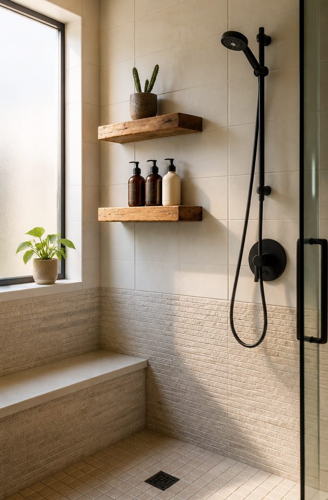 Wooden wall-mounted shelves holding shampoo and a cactus in a shower.
