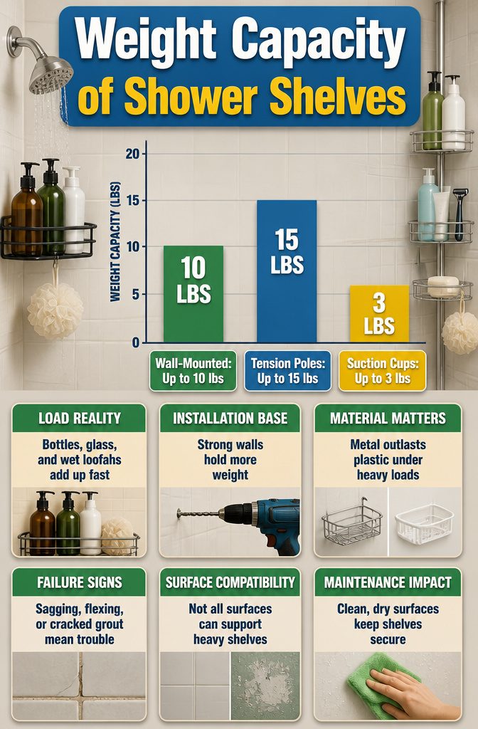 An illustration showing the weight capacity limits of various shower shelves.