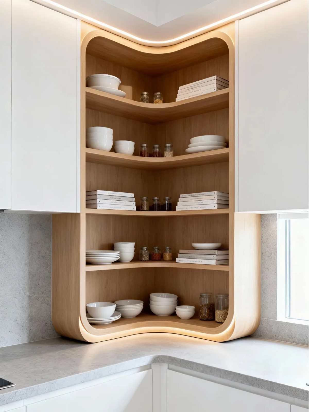 Light wood corner shelving unit with rounded edges holding white dishes and books.