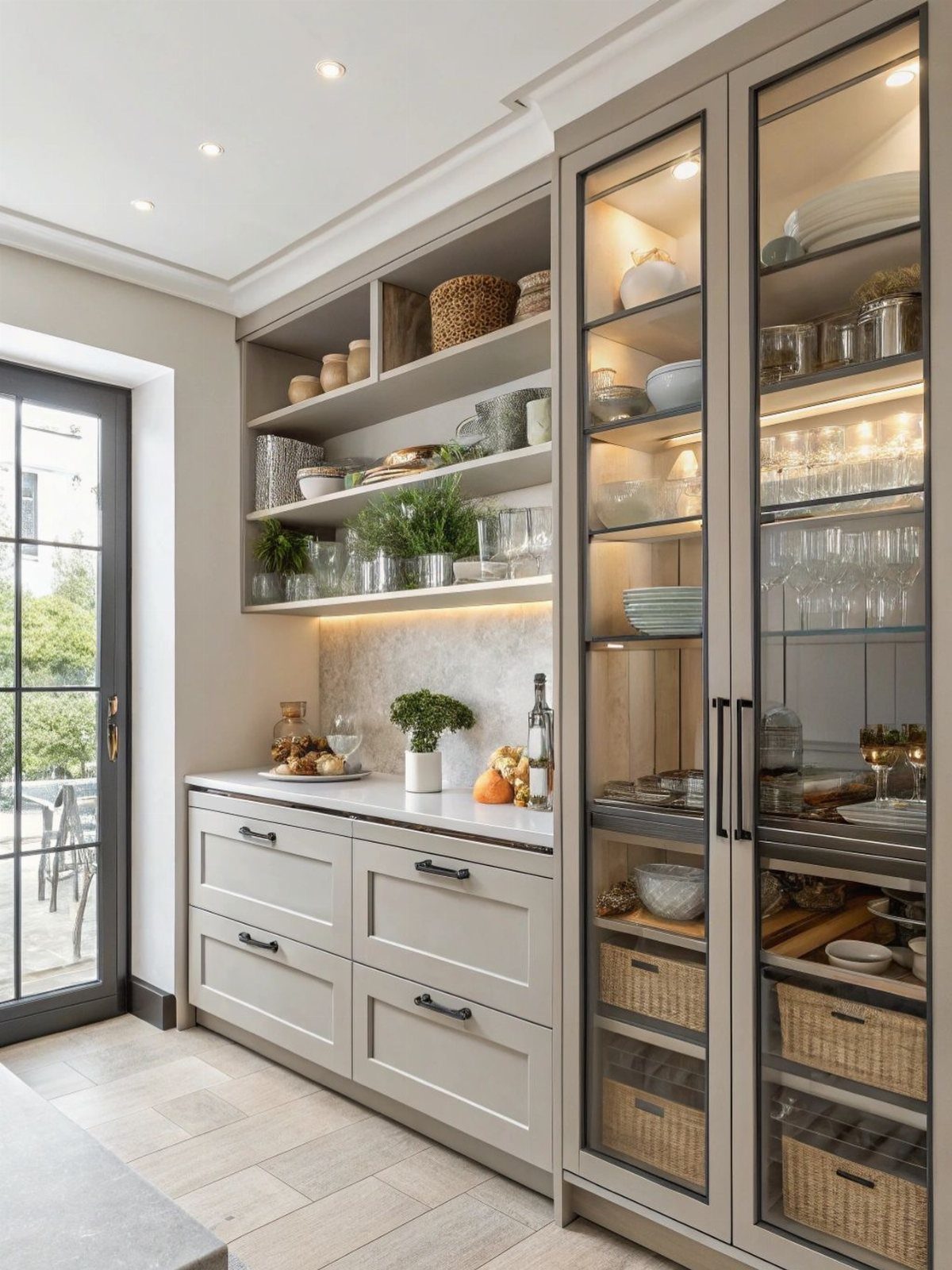 Modern kitchen cabinetry featuring glass-fronted pantry doors and open shelving filled with dishes and plants.