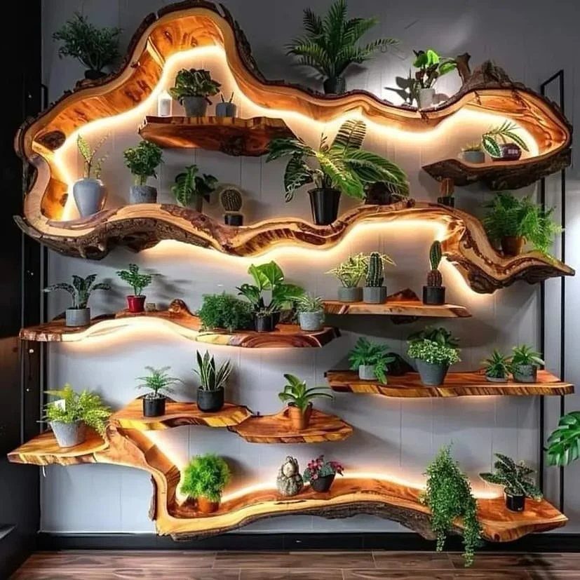 Live edge wooden shelves with glowing LED lights holding various small green potted plants.