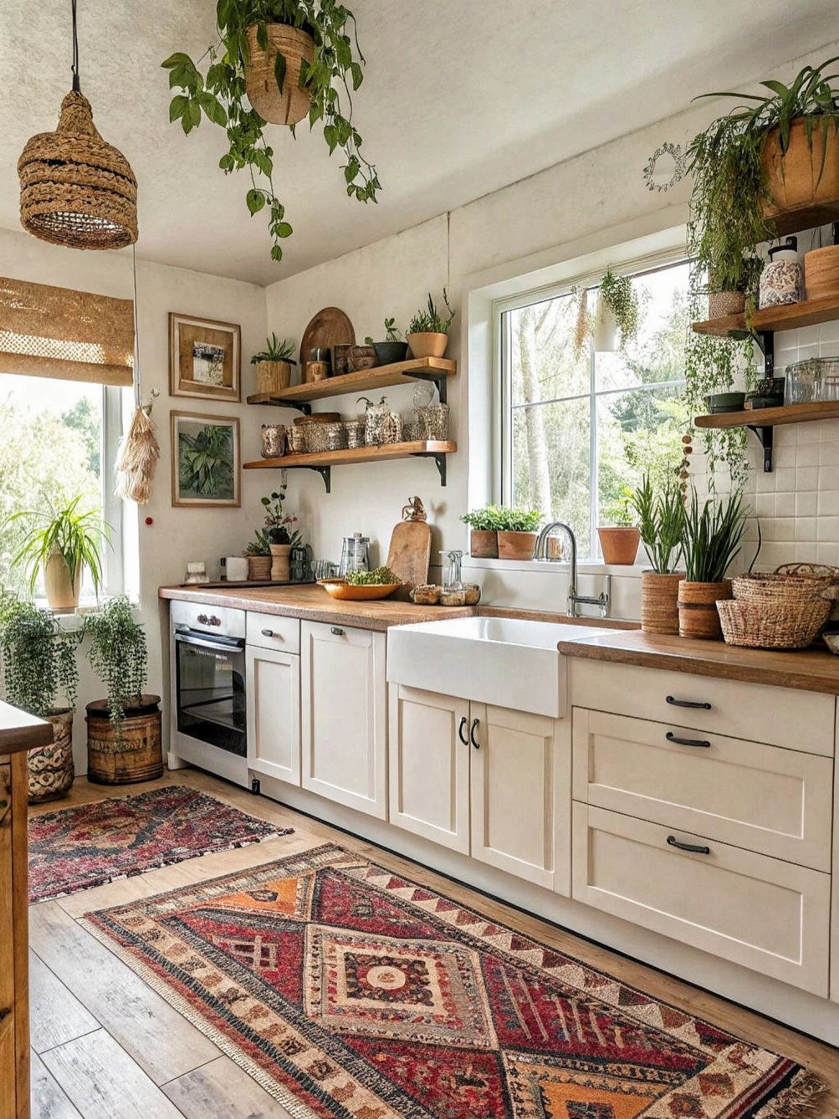 Wooden floating shelves holding ceramic jars and small plants above a white kitchen counter.